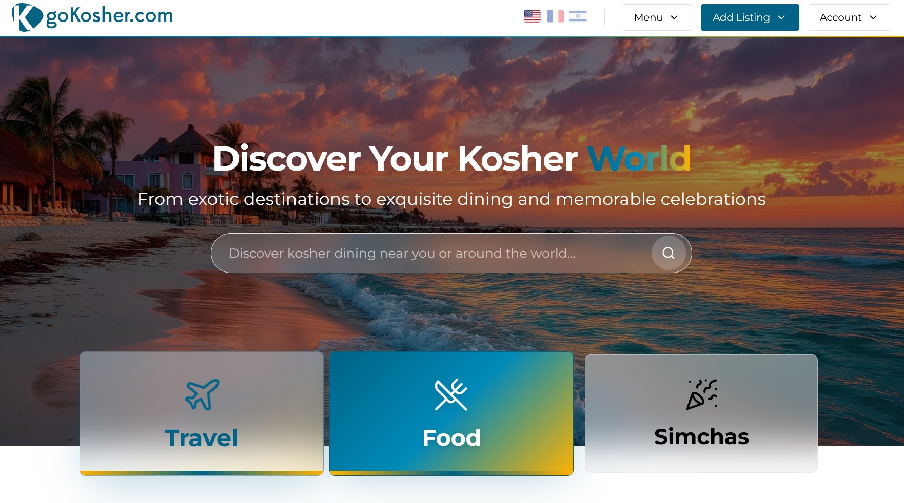 Homepage van goKosher, platform voor kosher travel, kosher hotels, restaurants en simchas wereldwijd